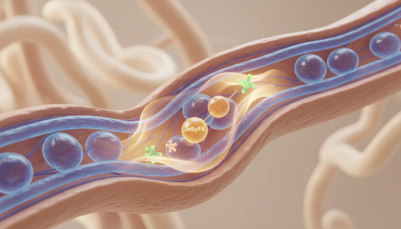 Illustration of blood flow through a vessel with JellyFil nutrient molecules in circulation