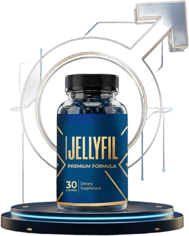 JellyFil male vitality gummies bottle on a lit pedestal with a male symbol motif behind it