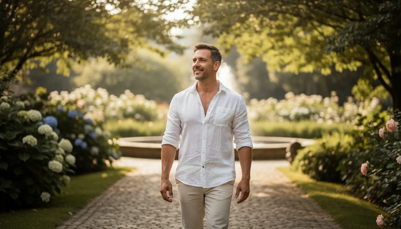 A confident man walking through a garden in the morning, the everyday routine JellyFil is built around