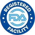 FDA-registered facility badge, a statement about the factory