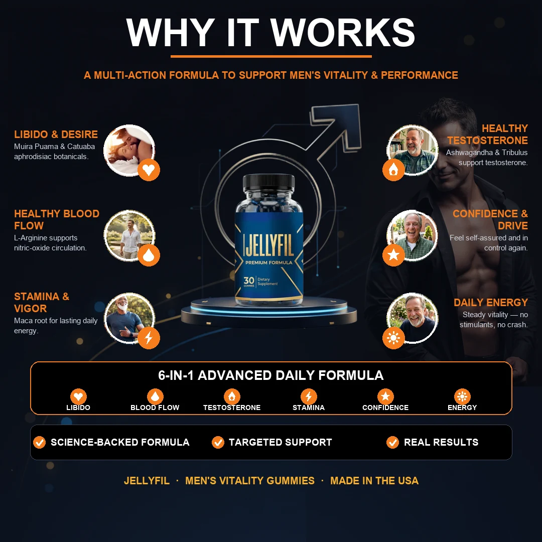 JellyFil why it works chart: libido, blood flow, testosterone support, stamina, confidence and daily energy
