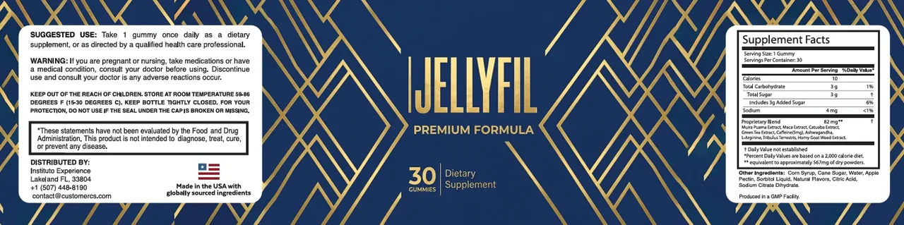 The full JellyFil label artwork: suggested use and warning on the left, the brand panel in the middle, the Supplement Facts panel on the right